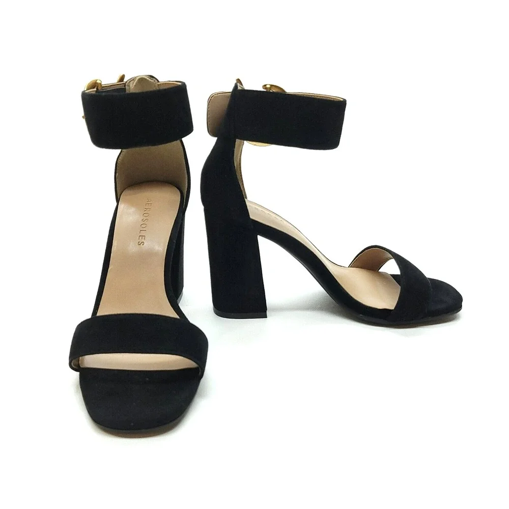 Aerosoles Landon Dress Shoe 5 M‎ Black Suede Square Toe Ankle Strap Sandal Heels
